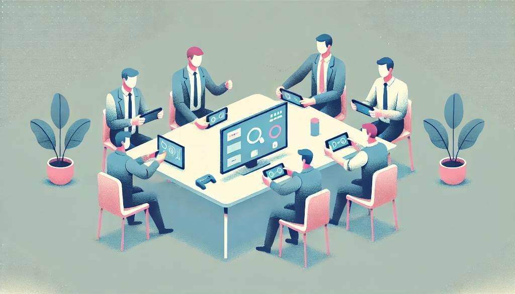 A pastel illustration representing a group of business people sitting around a table using handheld devices, screens and game controllers.