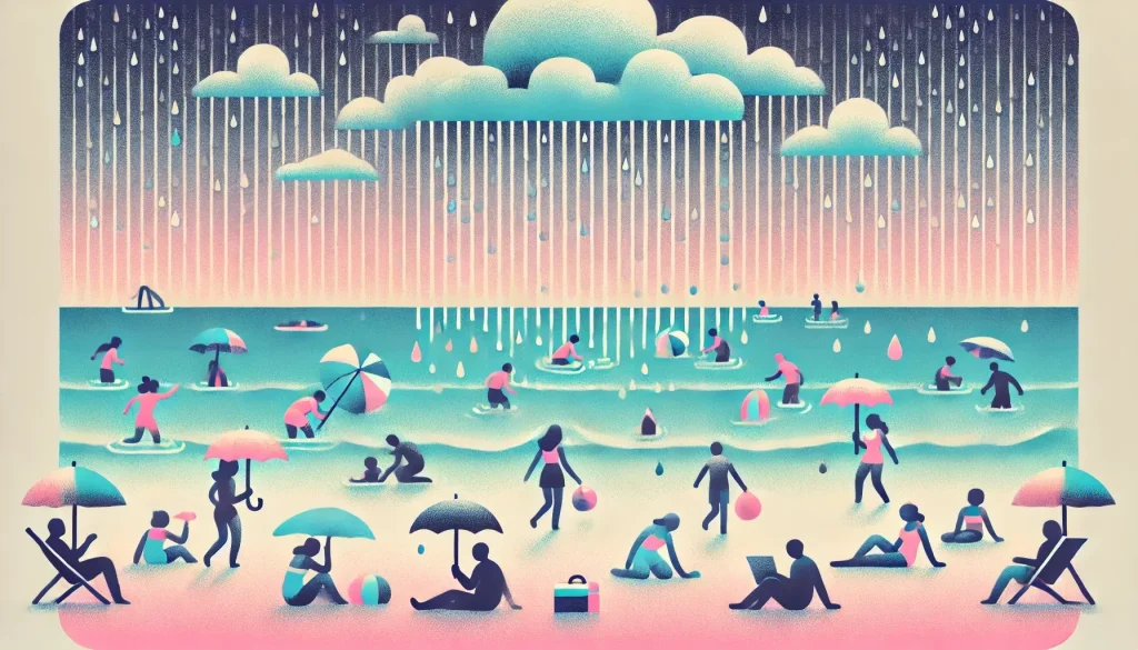 A minimalist pastel illustration representing people at the beach being rained down by clouds.