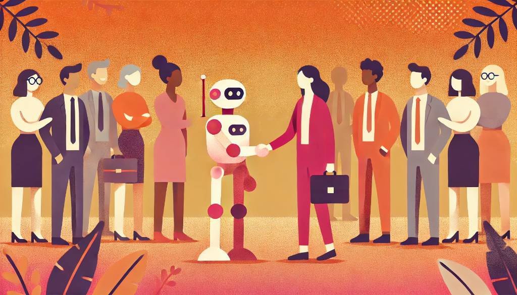 An illustration representing a business person shaking hands with a robot surrounded by a group of people.
