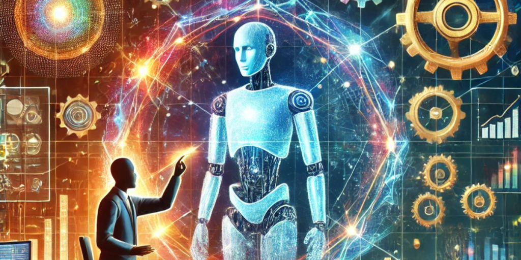 An image of a person holding their hand up to a holographic robot surrounded by digital cogs and graphics.