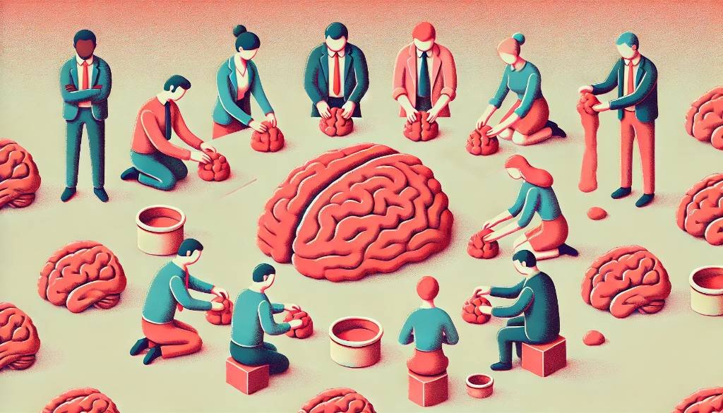 A warm pastel illustration representing a group of people molding brains out of clay, while surrounded by large clay-colored brains.